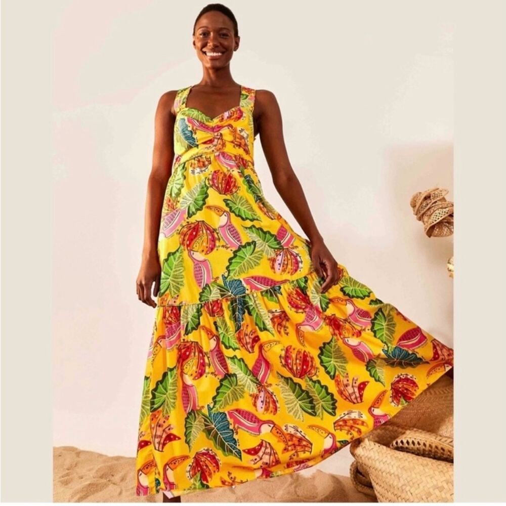 Farm Rio Yellow Beaks & Bananas Cotton Maxi Dress Tropical Size Large